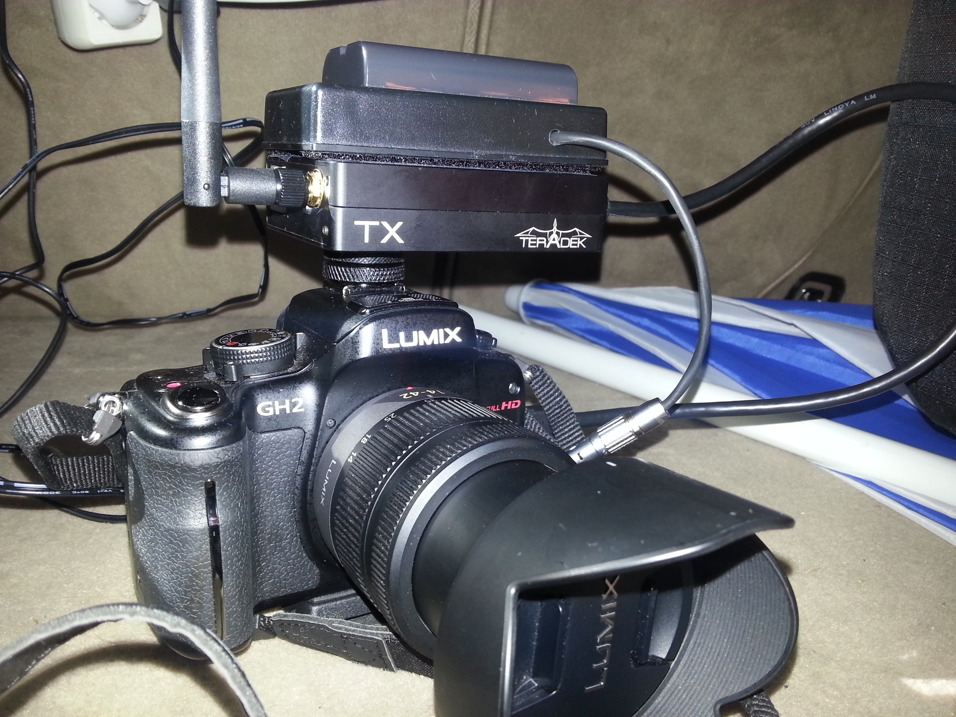 Teradek Cube 220 attached to a Panasonic Lumix Gh2 with a Sony Battery